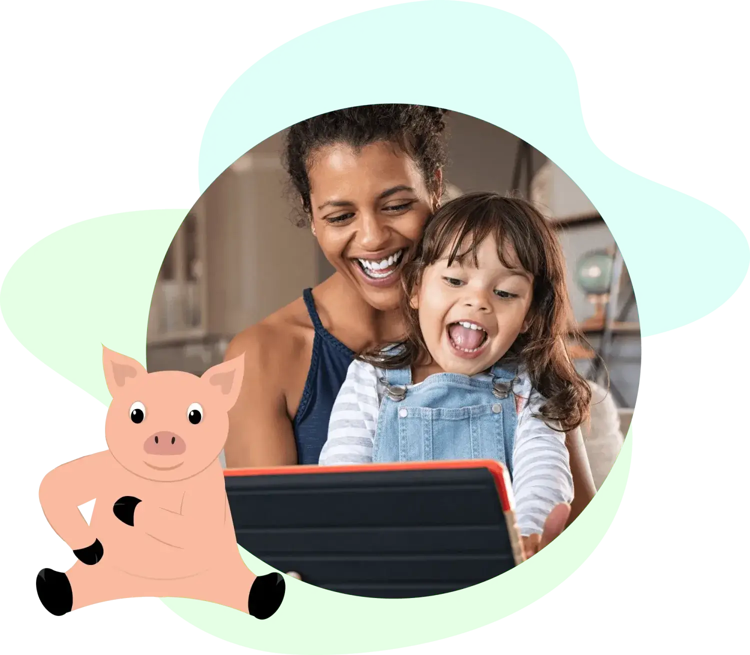 preschool girl watching learning app with mother